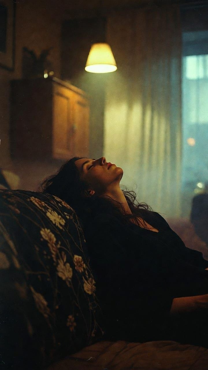 Woman reclining on couch under warm lamp light