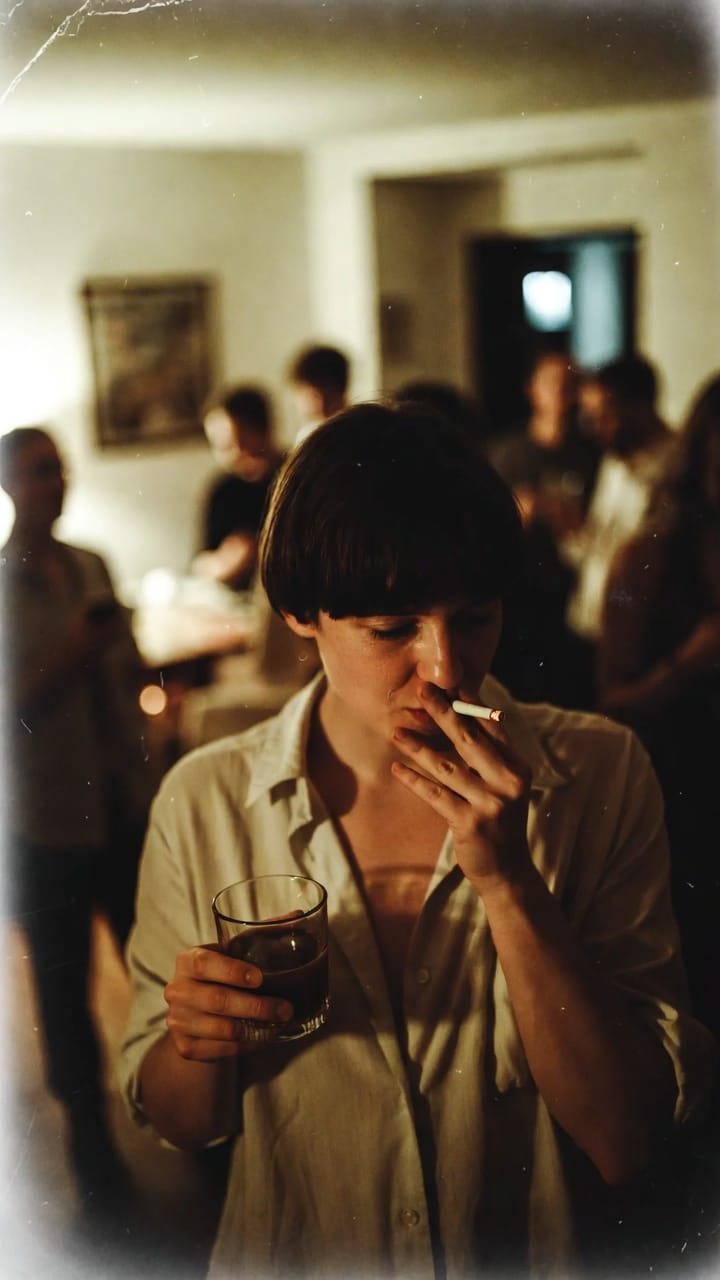 Person smoking cigarette holding drink at house party