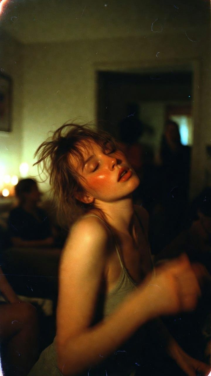 Young woman dancing in dim candlelit room