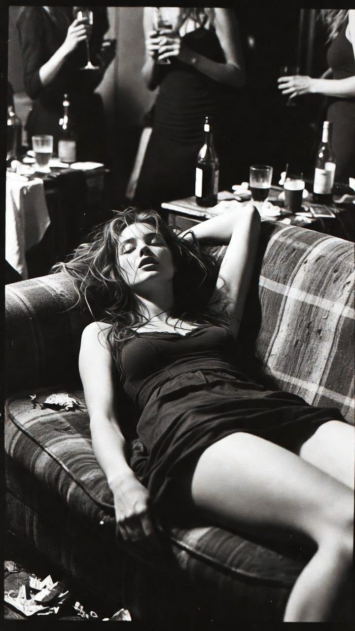 Woman in black dress lying on couch at party