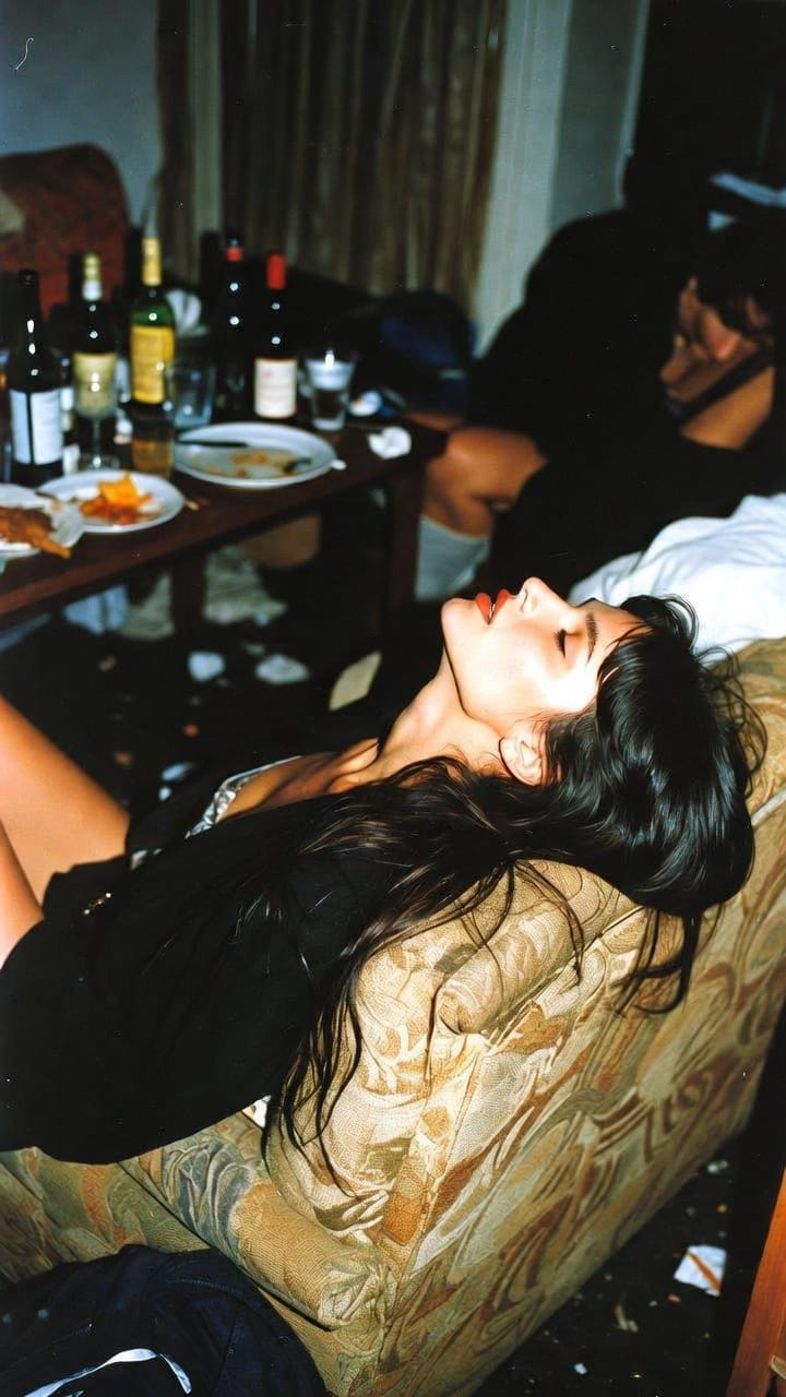 Woman reclining in armchair after party