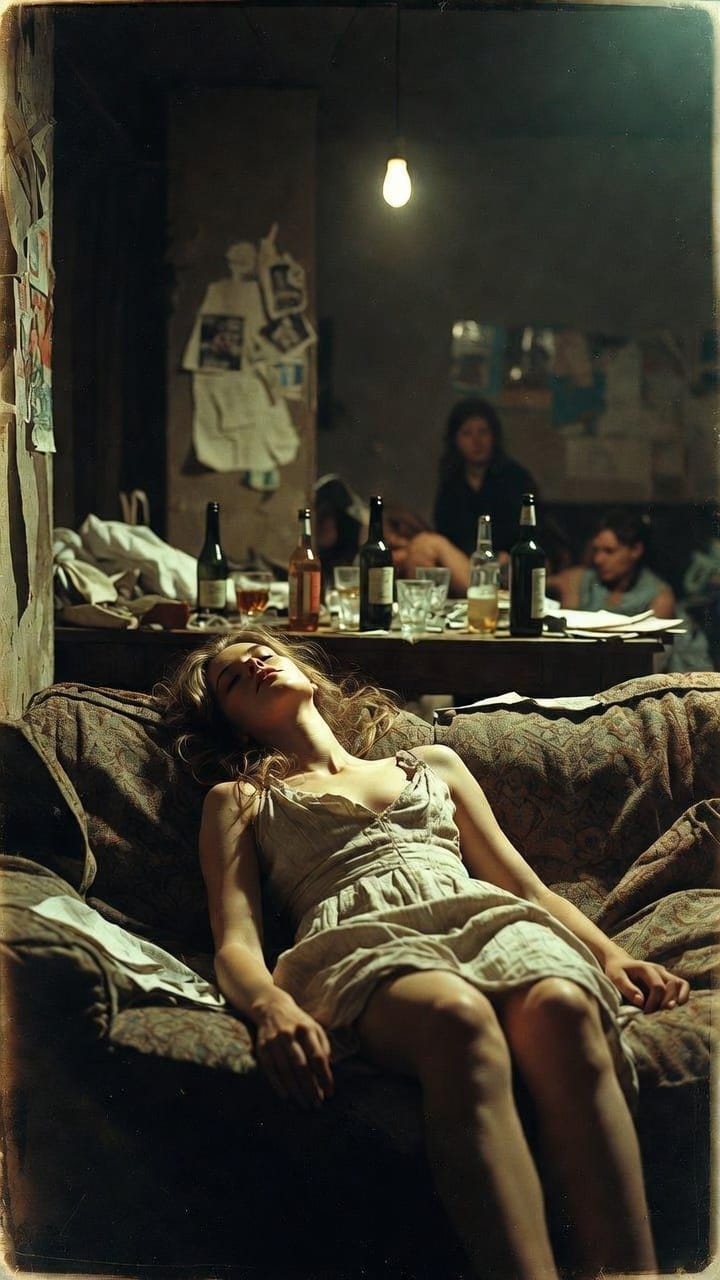 Woman lying on couch in dim room