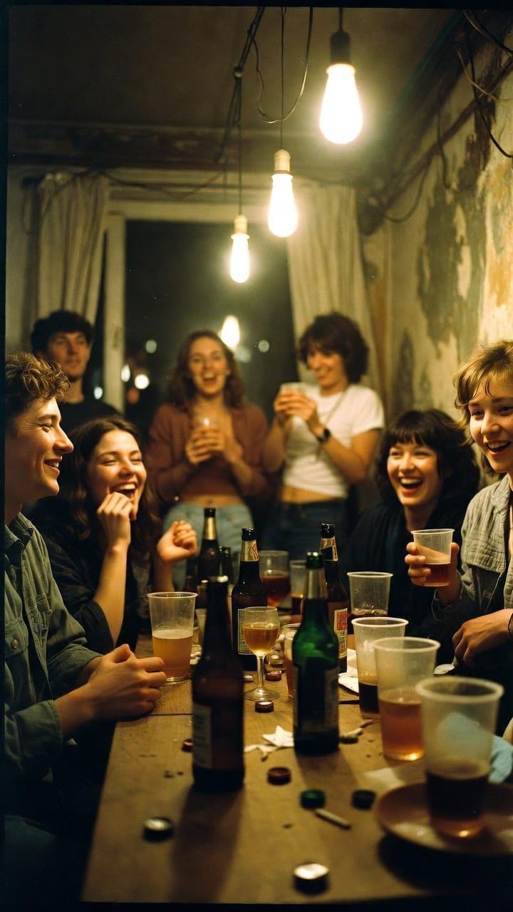 Friends laughing around table with drinks under hanging lights