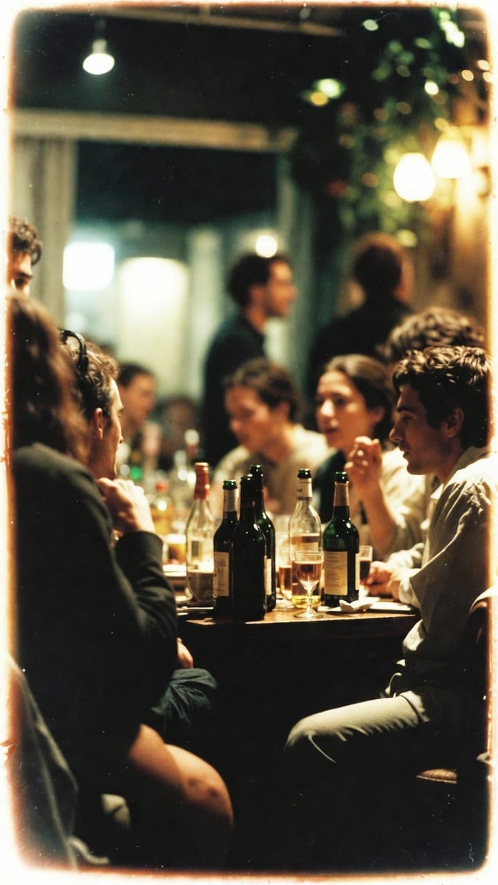 Friends gathered around table with wine bottles