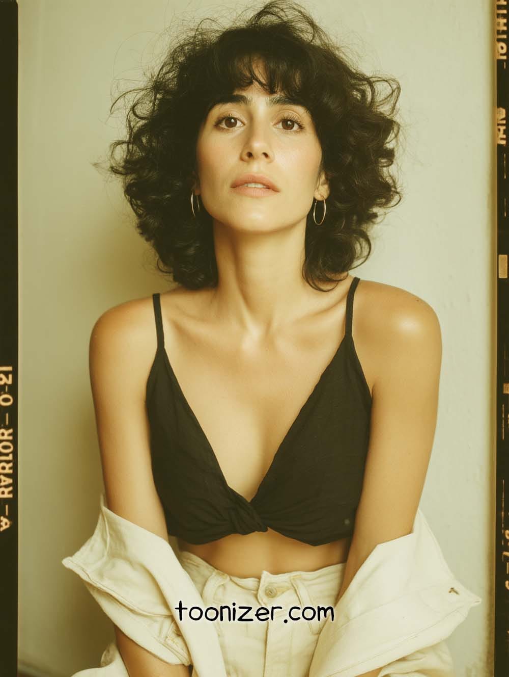 Woman in black top with curly hair