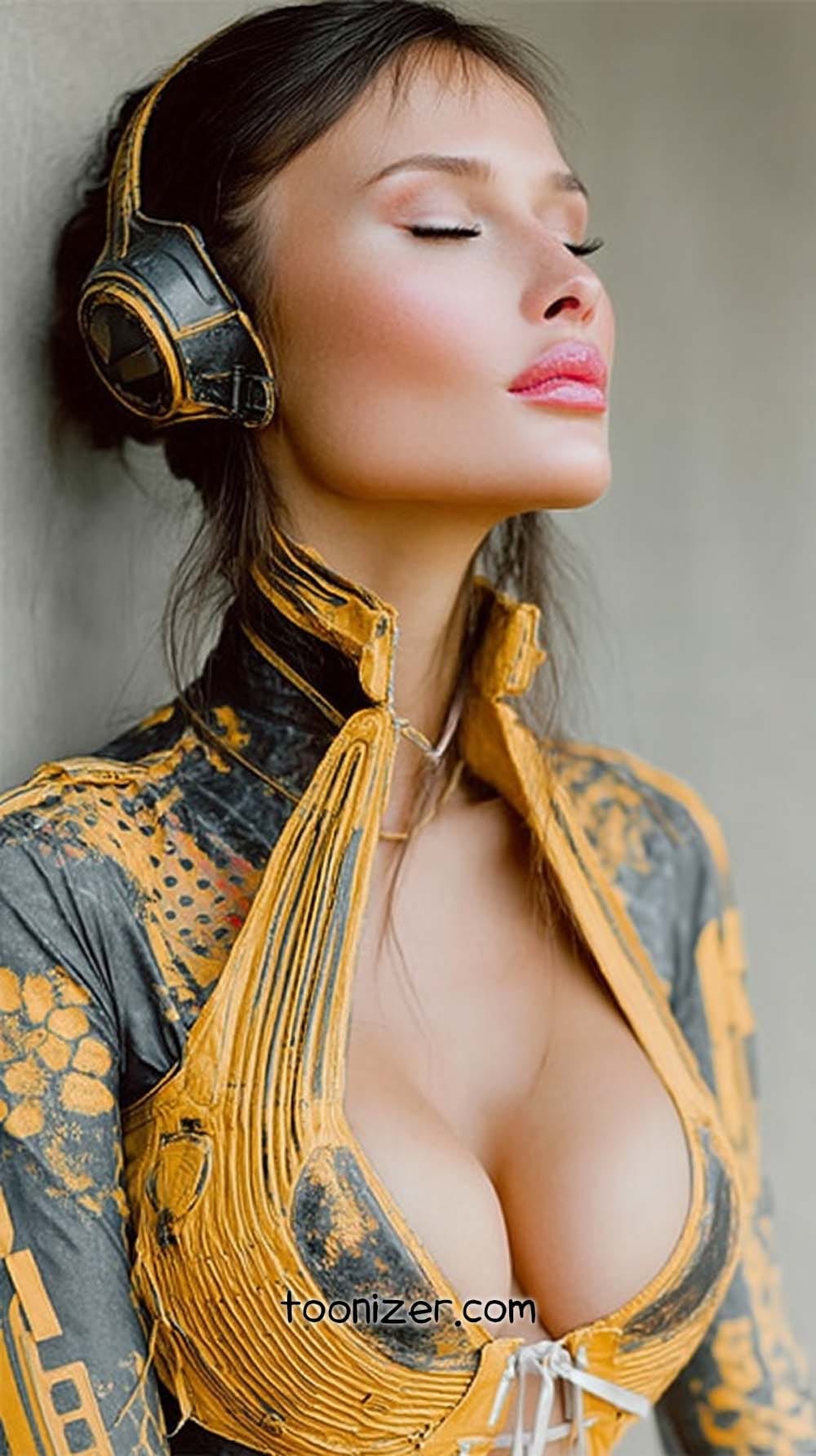 Woman in futuristic attire wearing headphones.
