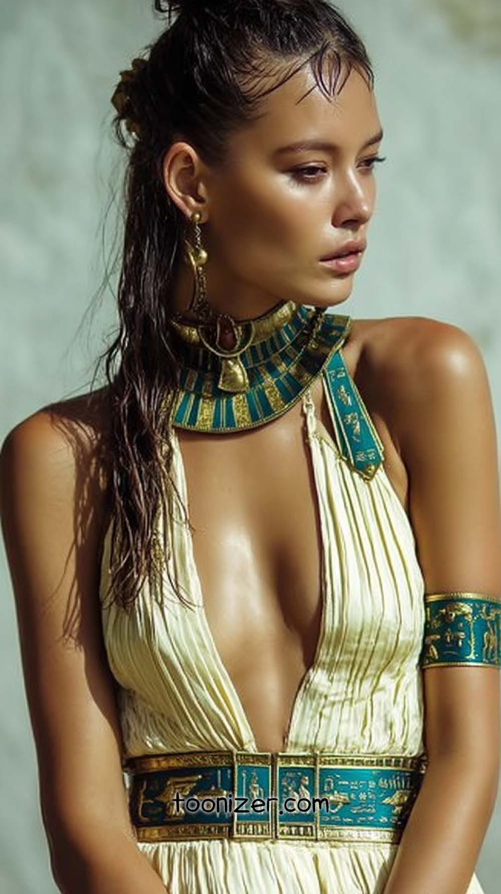 Person in Egyptian-inspired outfit, looking sideways.