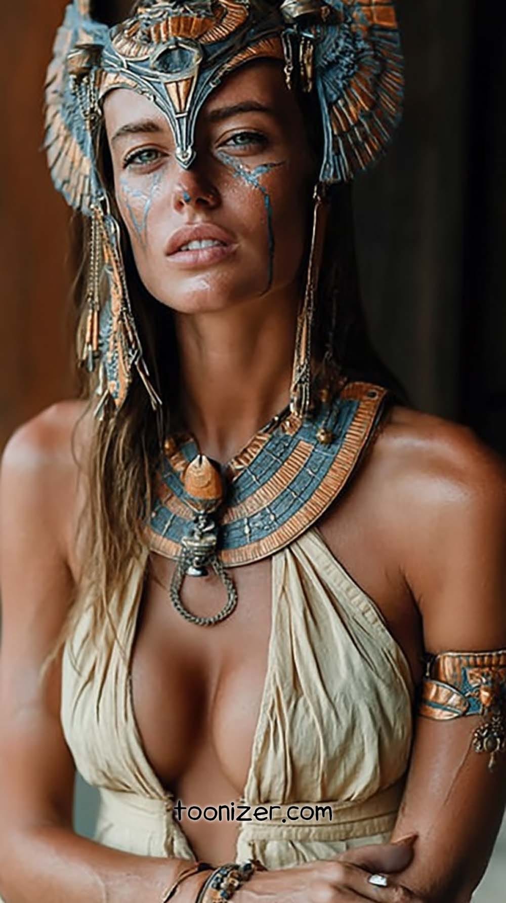 Woman in Egyptian-inspired attire and headpiece