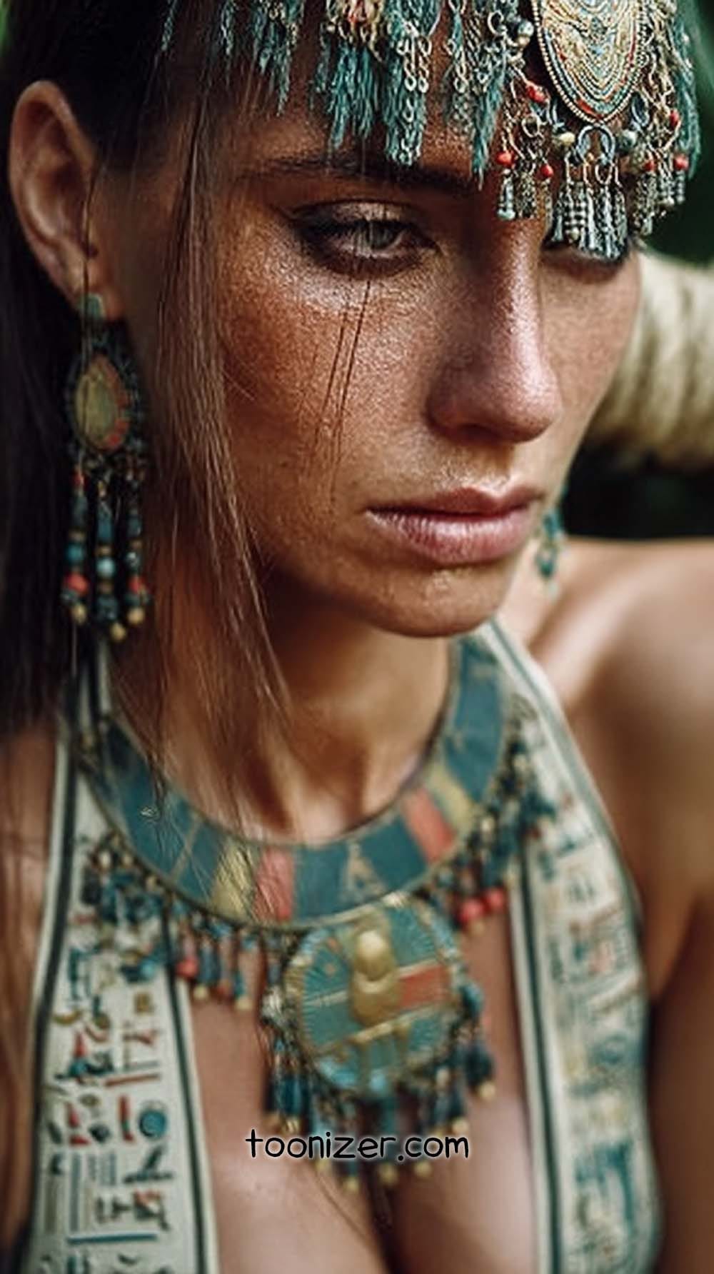 Woman with ornate headpiece and necklace, ancient style