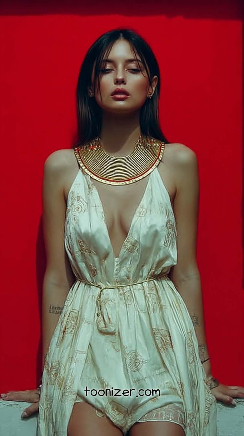 Woman in white dress, bold red background