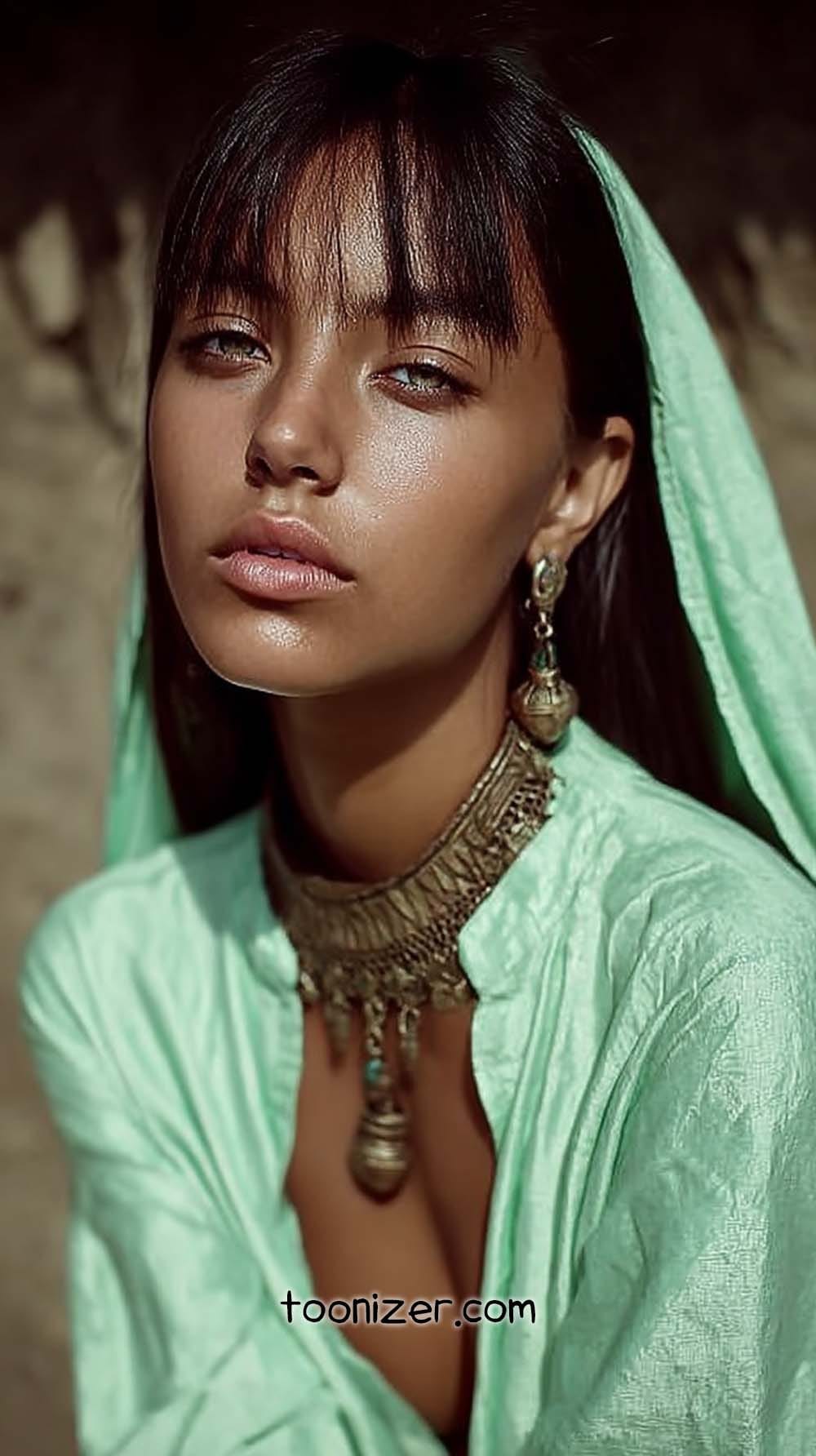 Woman with earrings and green scarf.