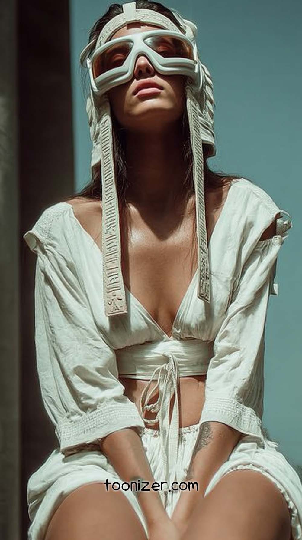 Woman wearing vintage aviator goggles and white outfit