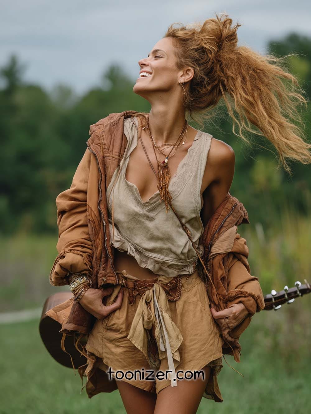 Smiling woman in bohemian attire outdoors with guitar.