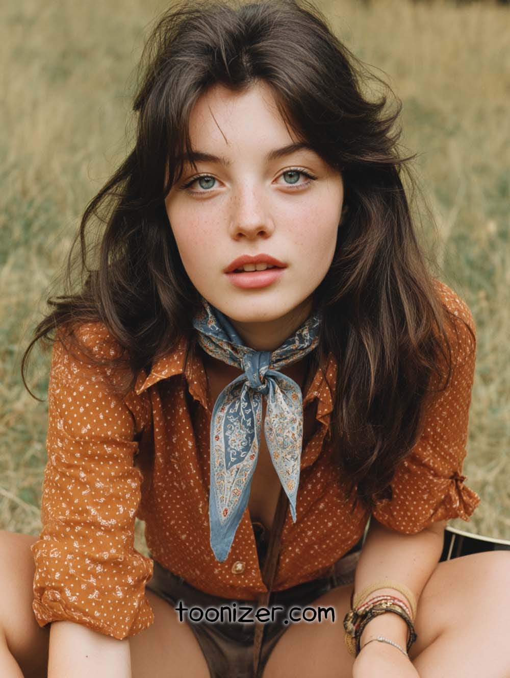 Woman sitting outdoors with patterned scarf.