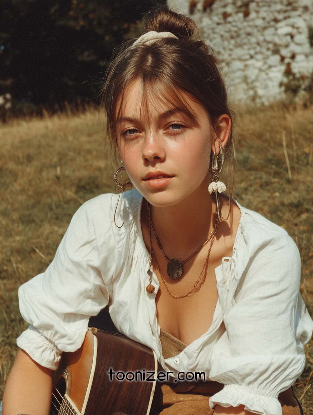 Woman outdoors holding a guitar, wearing white blouse.
