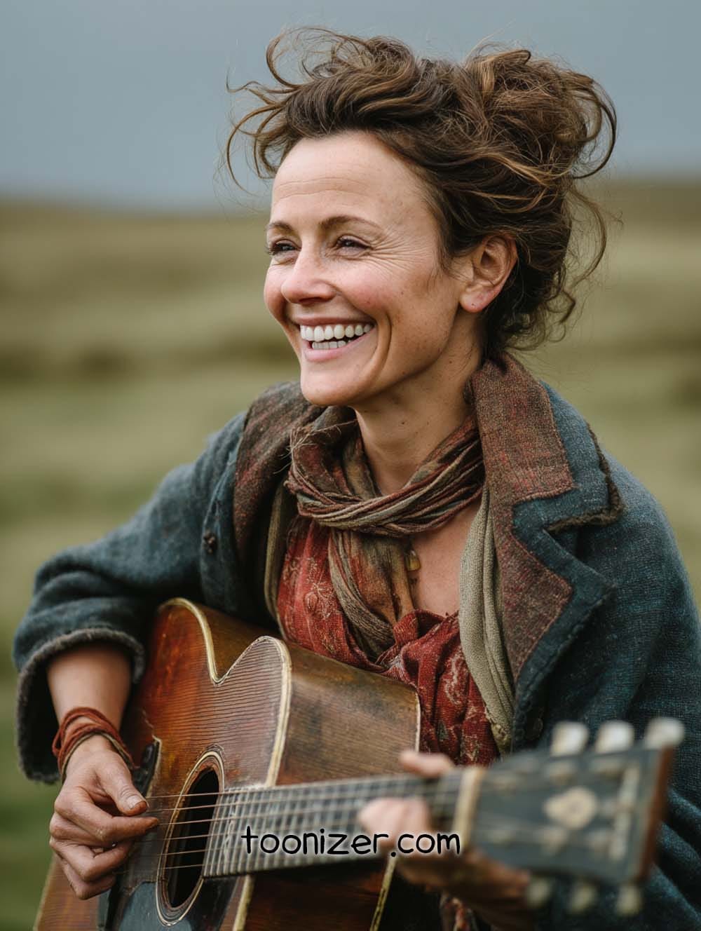 Woman smiling while playing guitar outdoors.