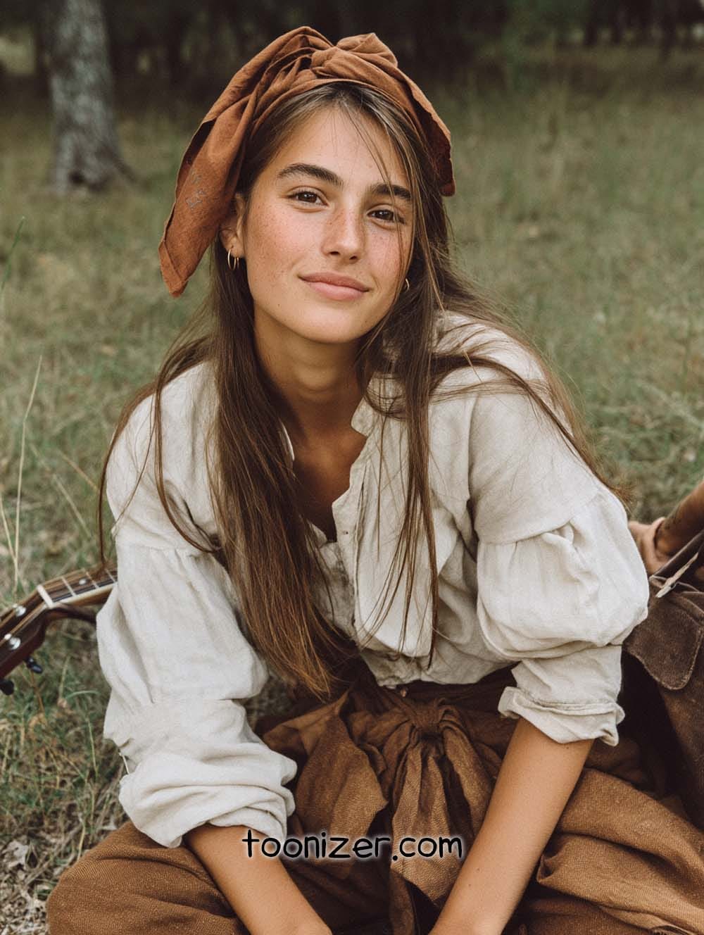 Woman in rustic attire, seated outdoors, smiling