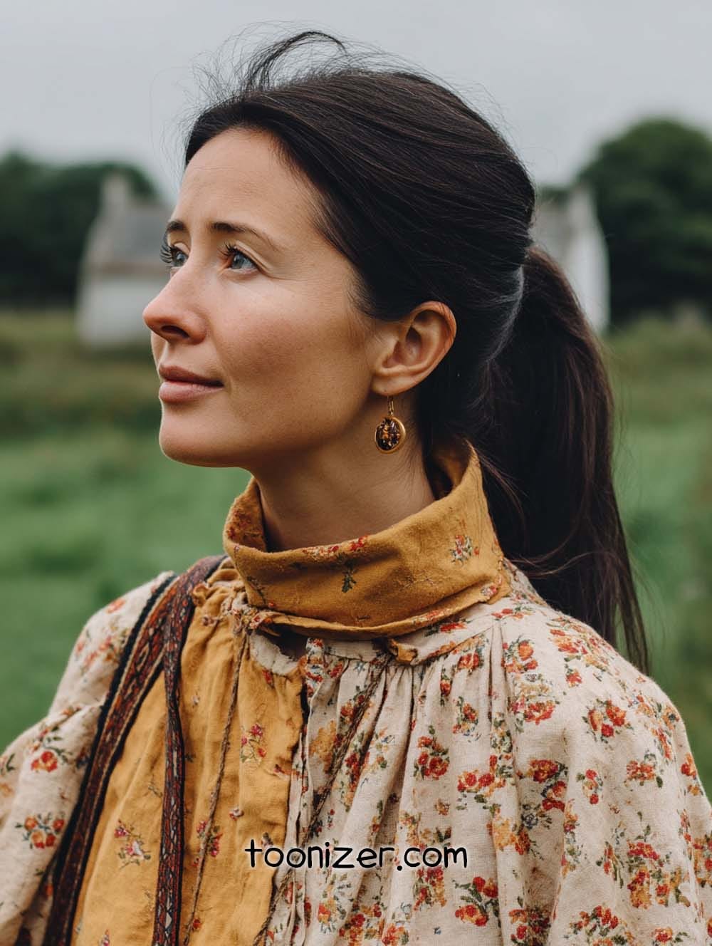 Woman in floral dress outdoors, side profile view.
