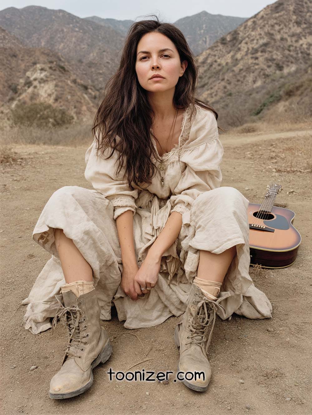 Woman in desert with guitar, wearing boots.