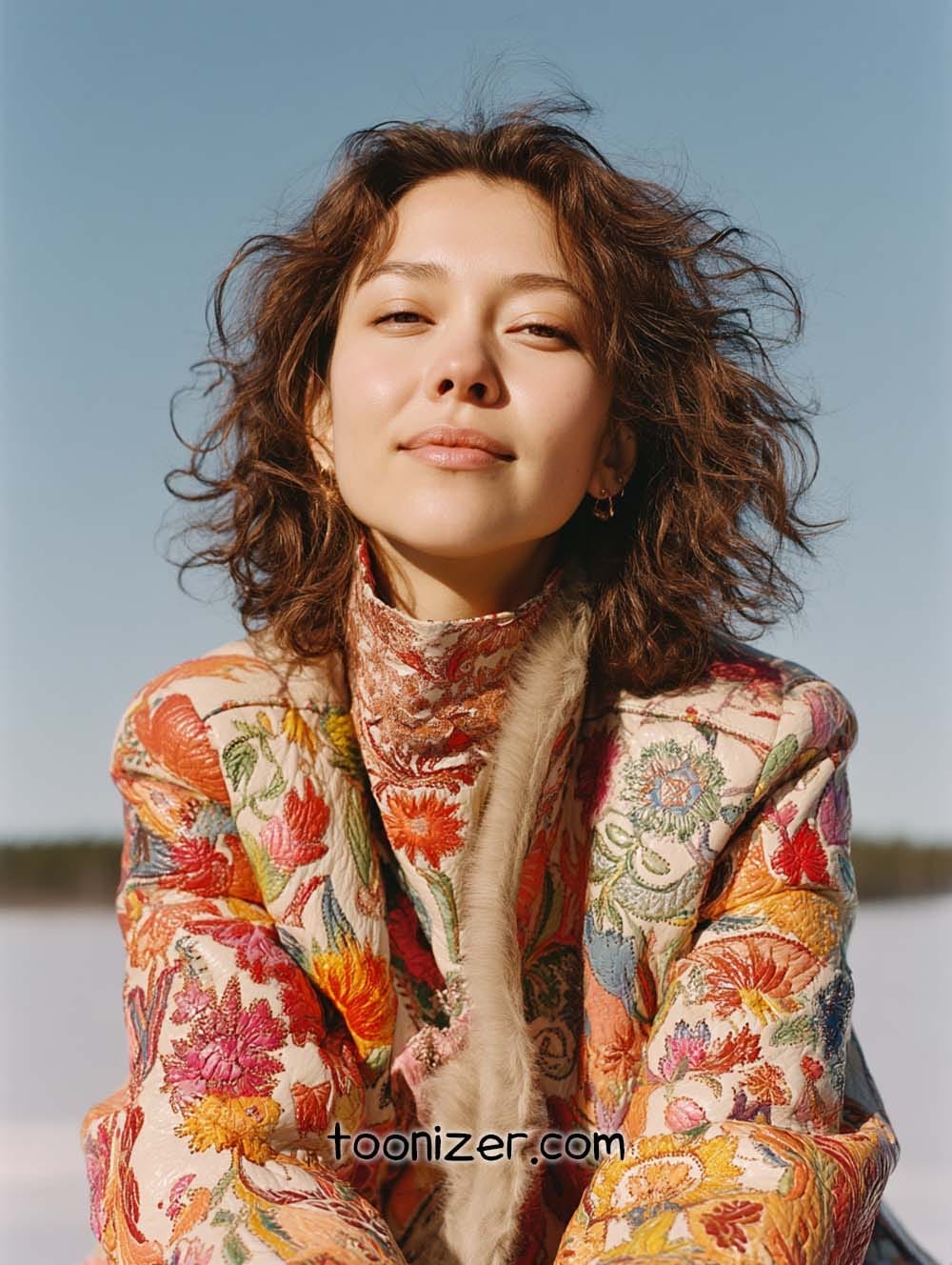 Woman in floral jacket with sky background