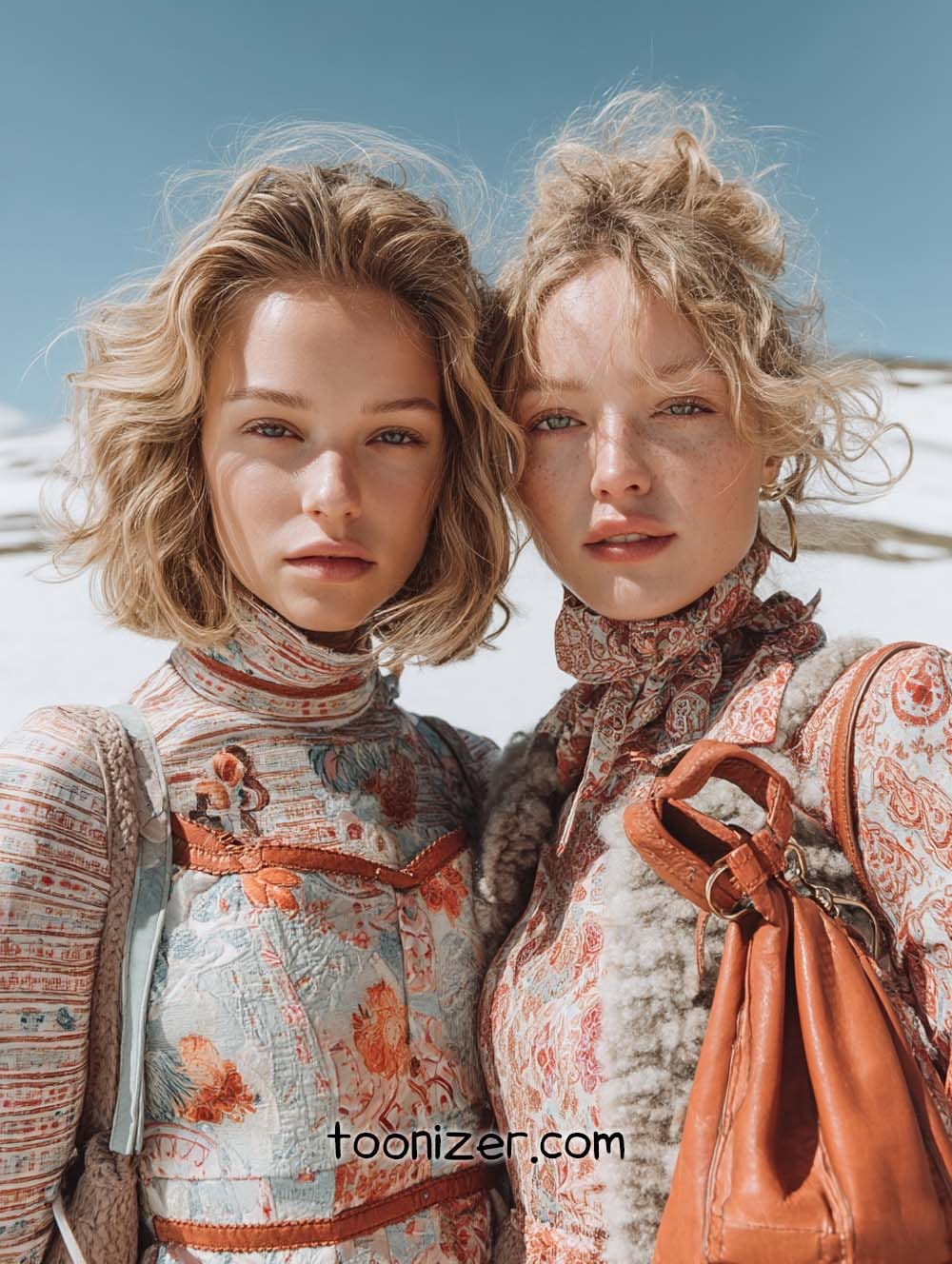 Two women in patterned outfits, outdoors in sunlight.