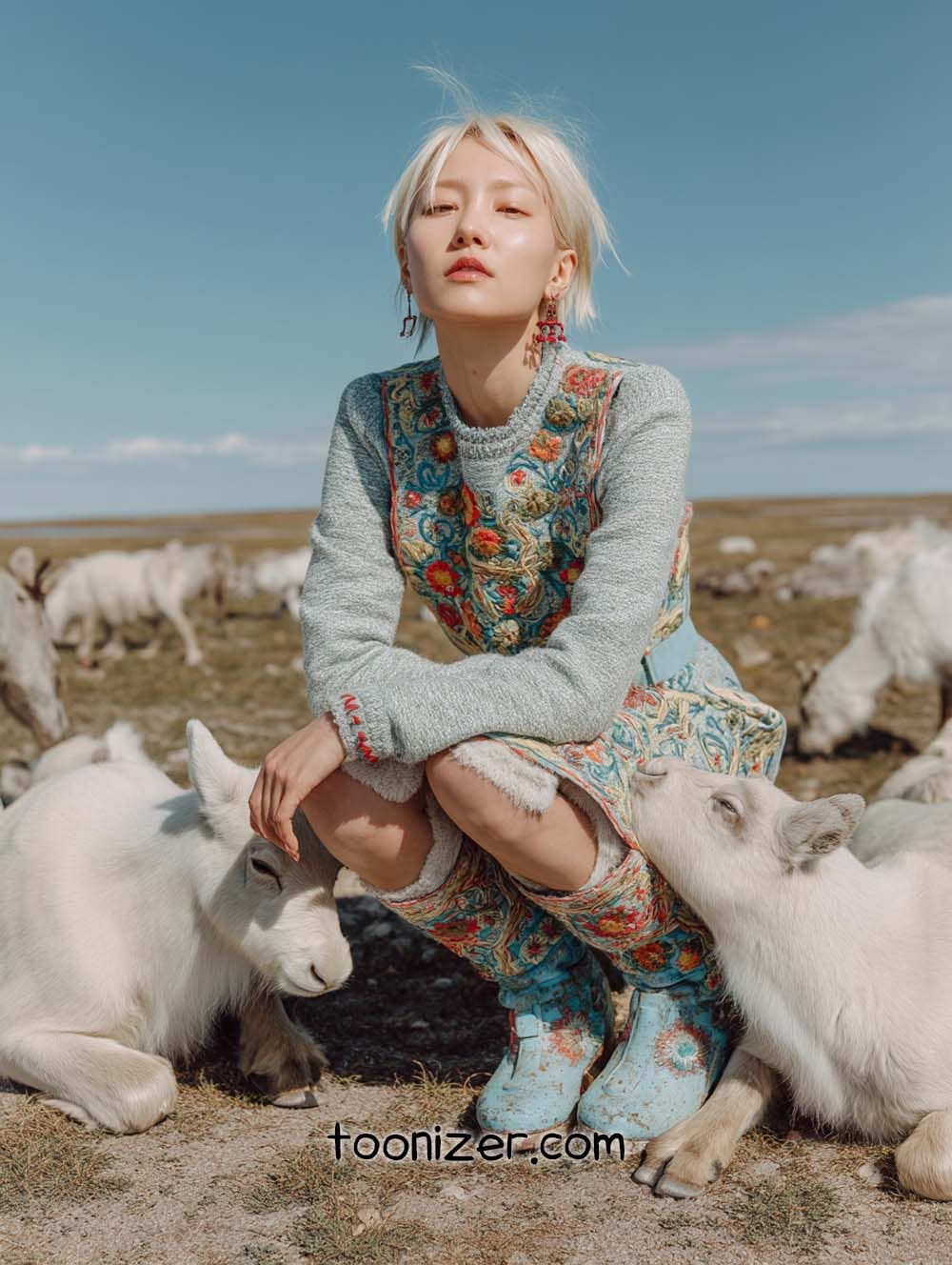 Person with goats in pastoral setting