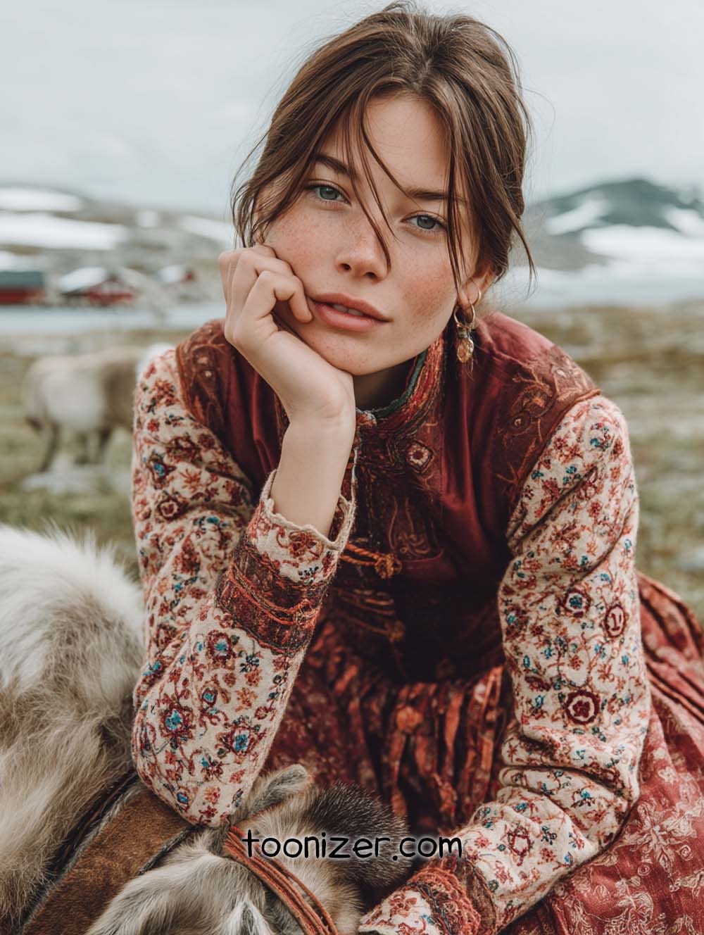 Woman in patterned dress with nature background