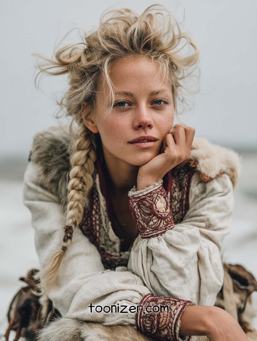 Person in fur coat with braided hair outdoors