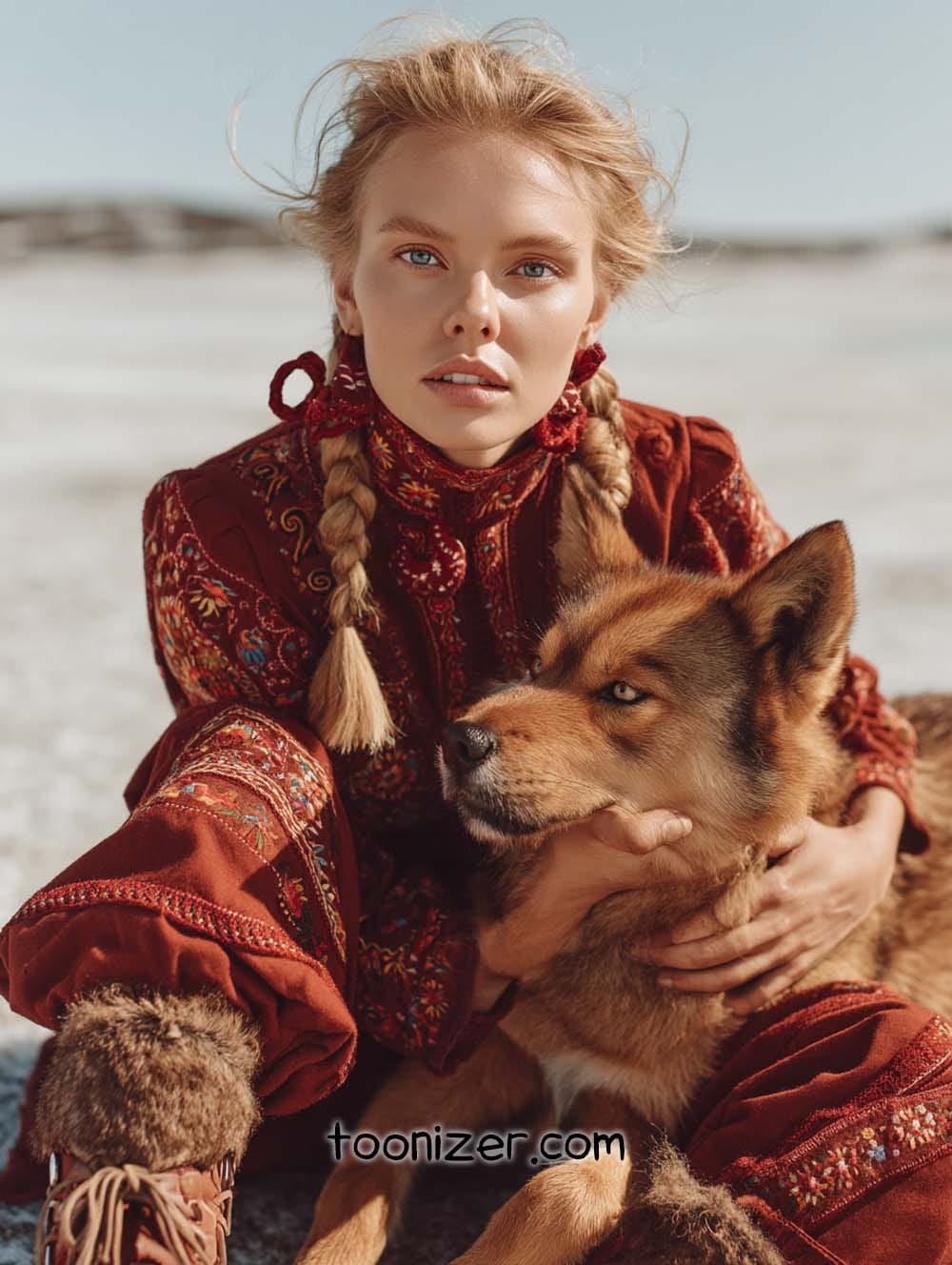 Woman in embroidered outfit with her dog