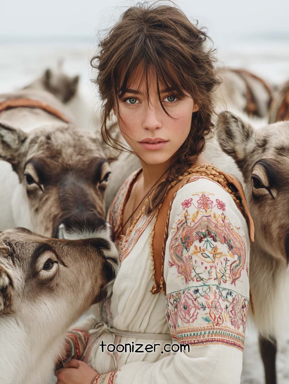 Woman in embroidered dress with reindeer