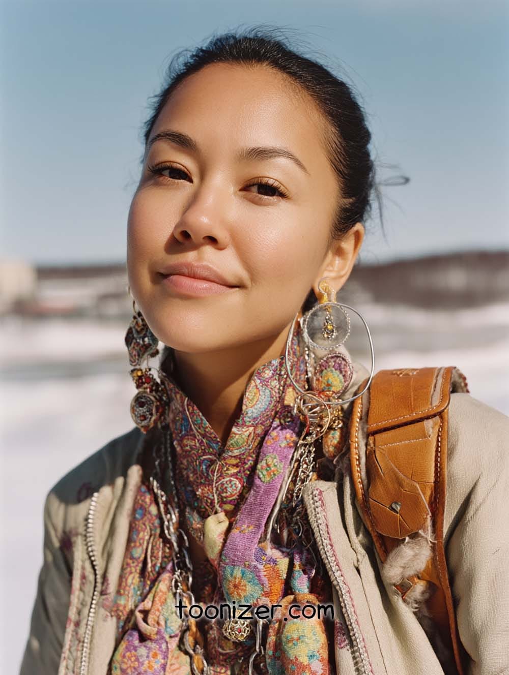 Woman outdoors wearing colorful scarf and large earrings.
