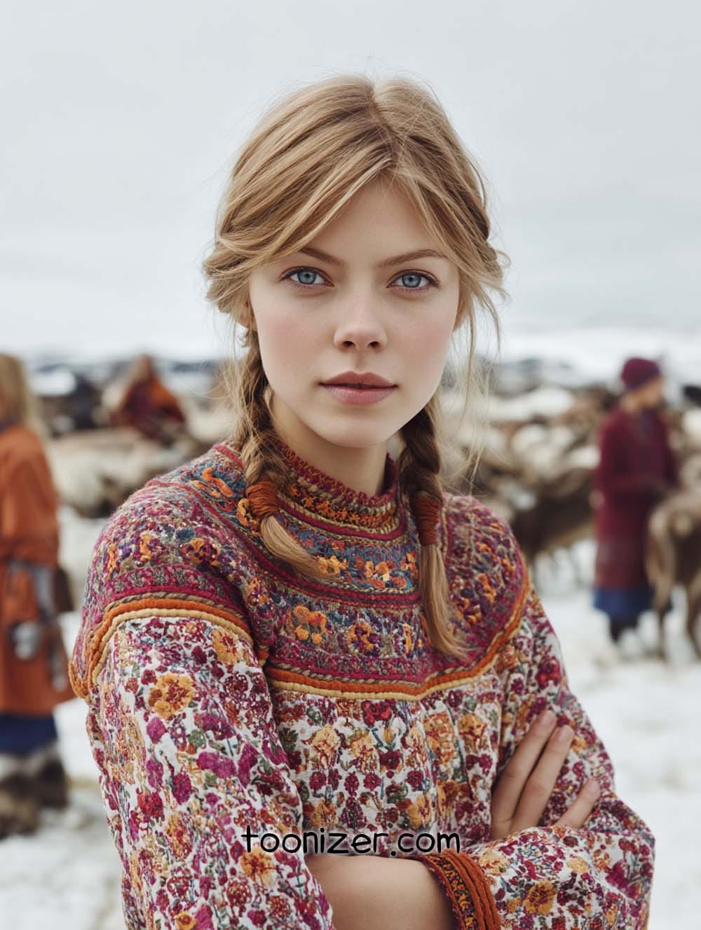 Woman with braids in colorful sweater outdoors.