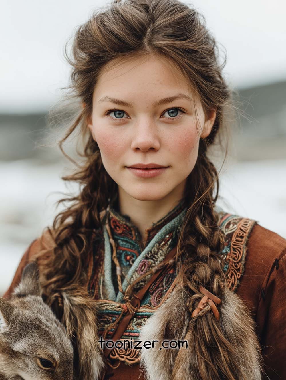 Woman in traditional clothing with animal