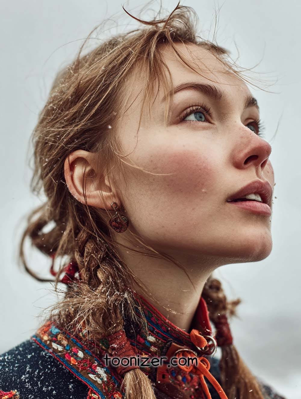 Woman in colorful clothing looking upwards