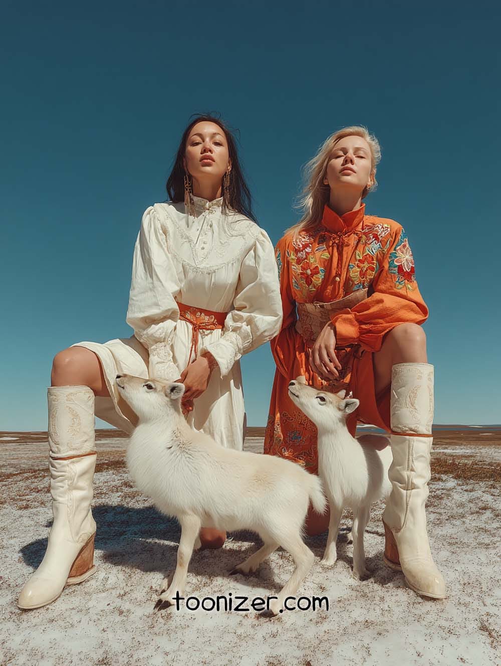 Models in dresses with goats in desert landscape.