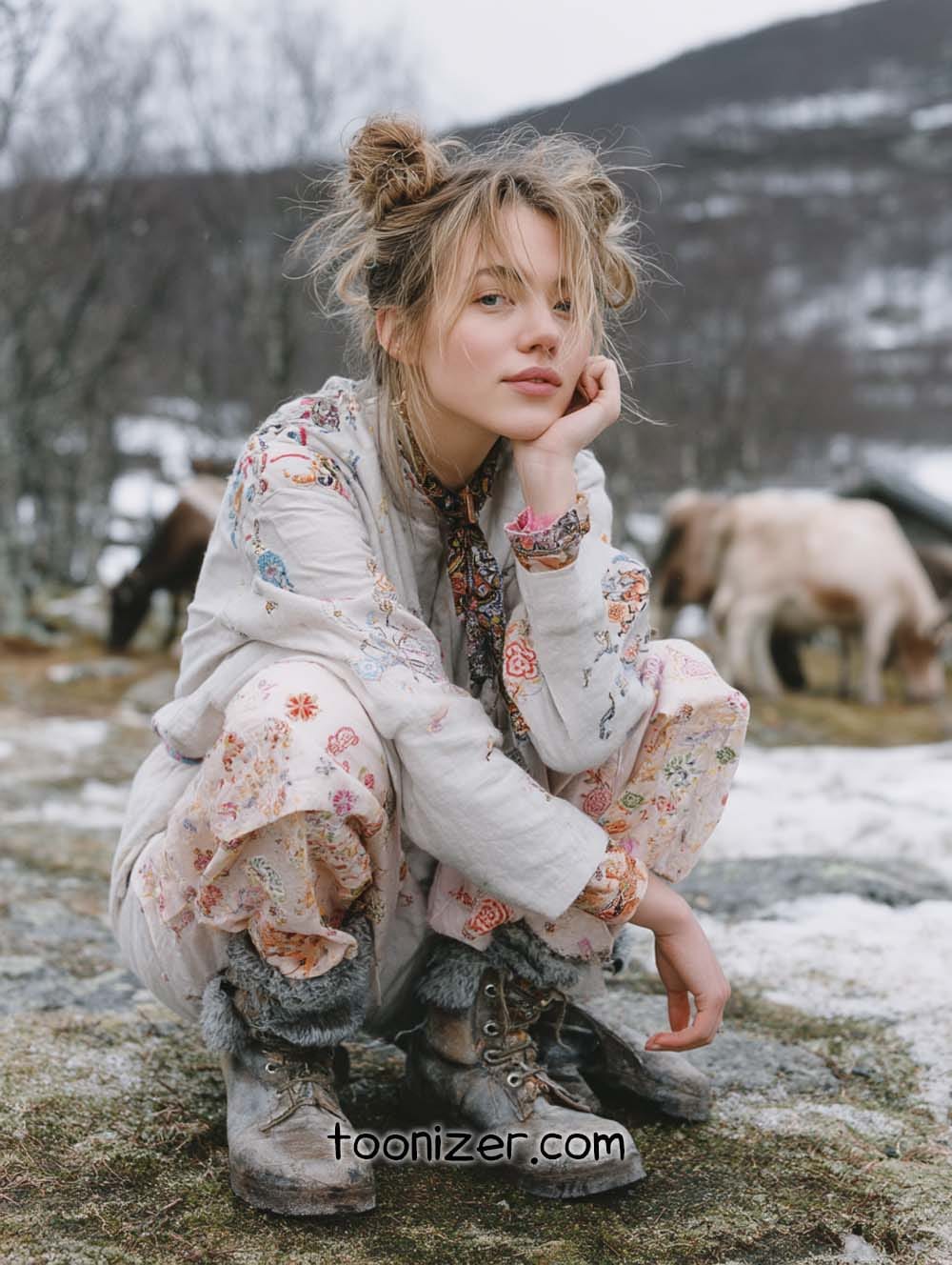 Woman outdoors in floral outfit with wintry background.