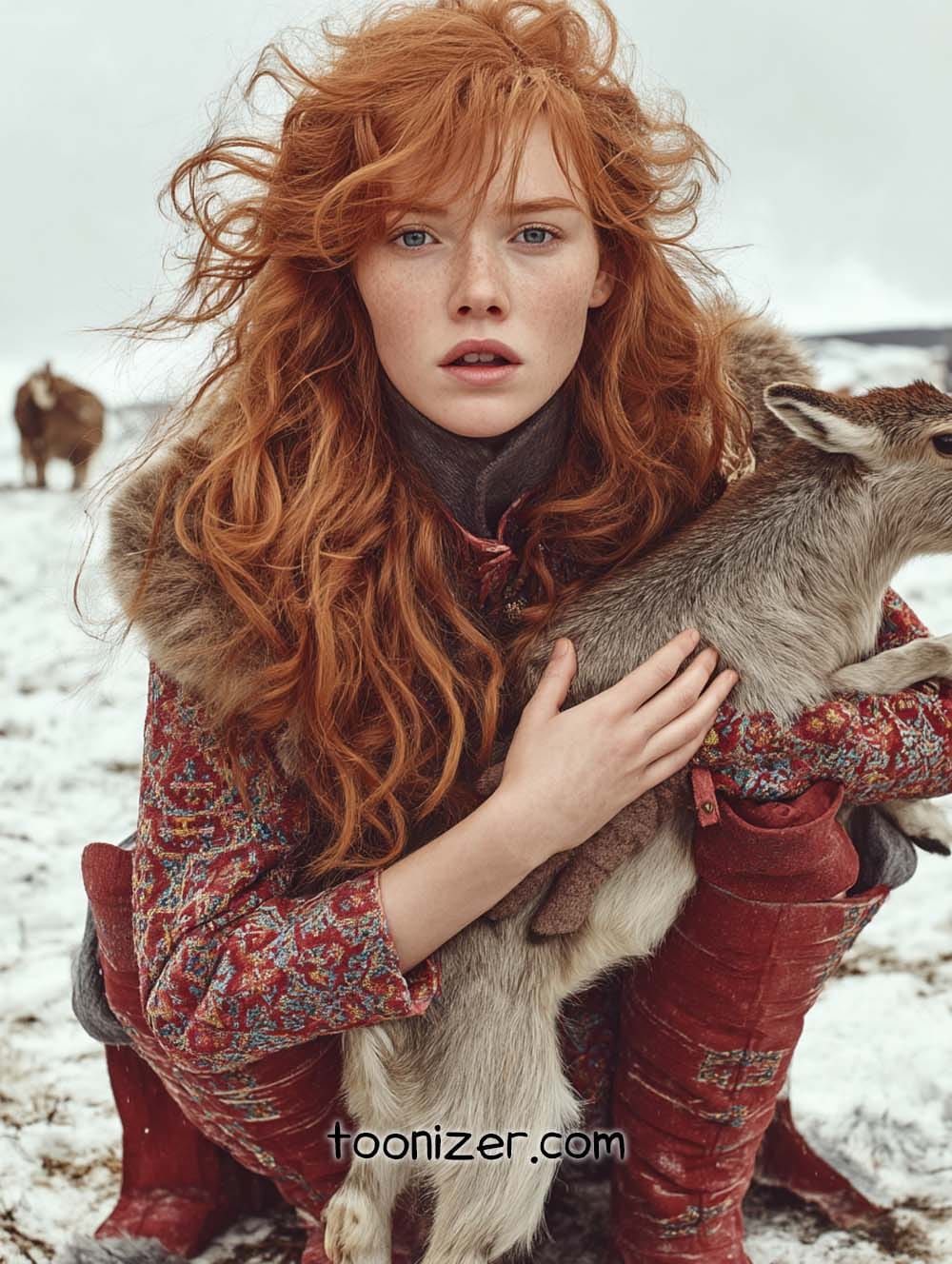 Woman in snow holding a baby deer.