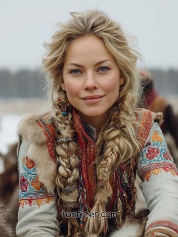 Woman in colorful traditional attire outdoors.