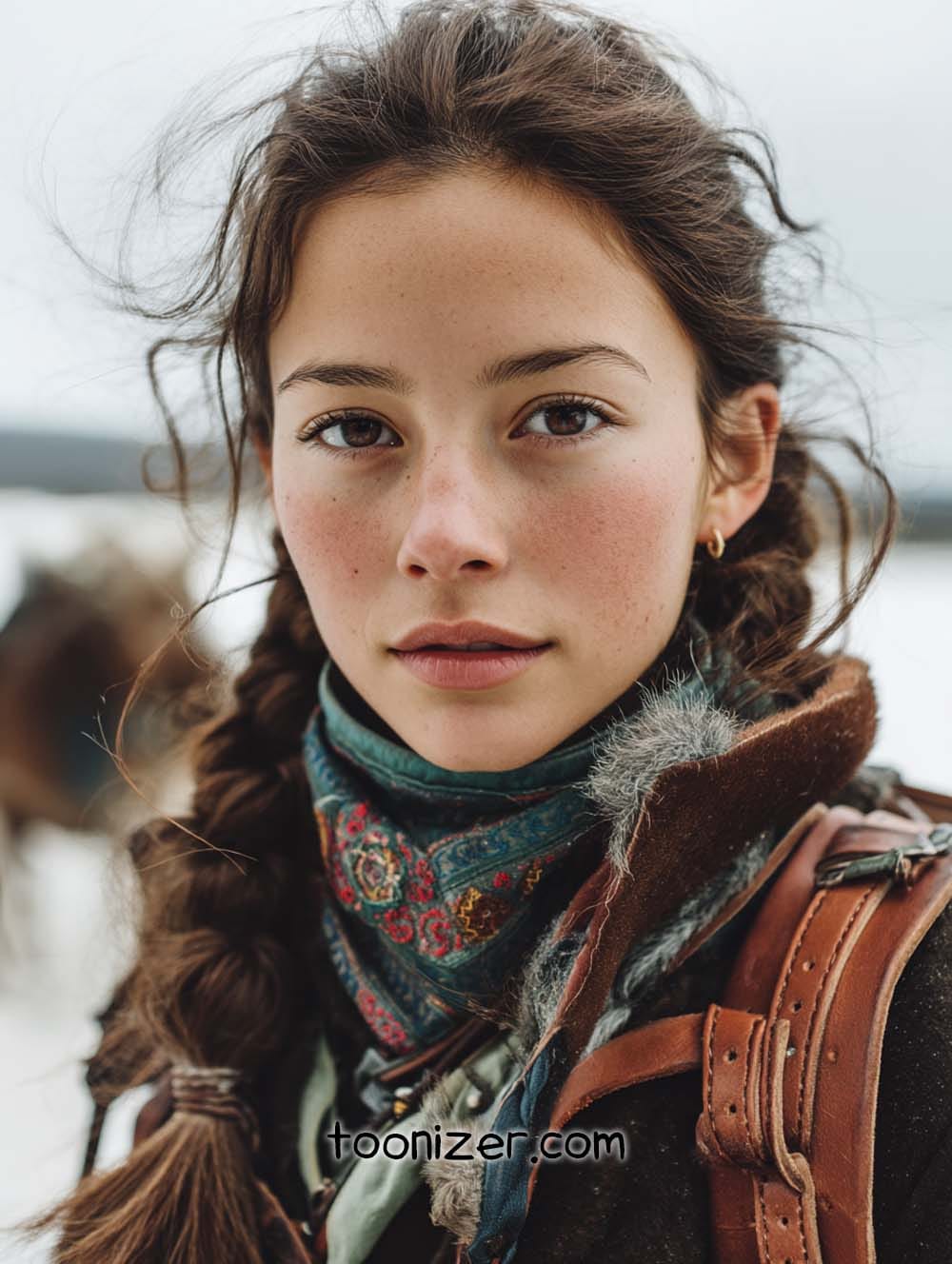 Young woman with braids and embroidered scarf.