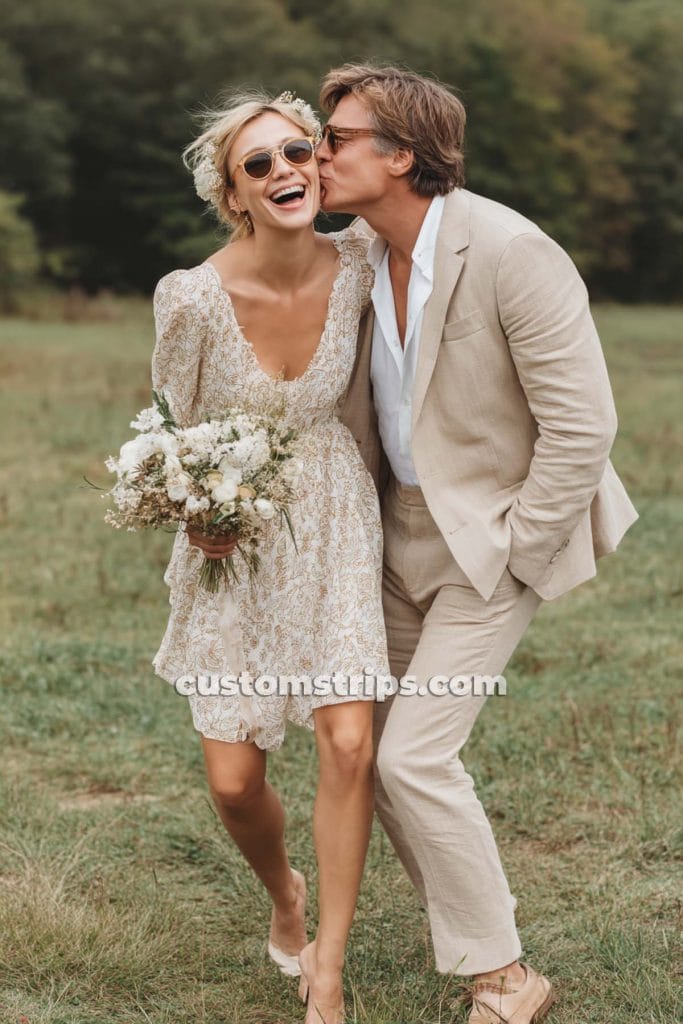 Couple embracing in outdoor wedding setting.