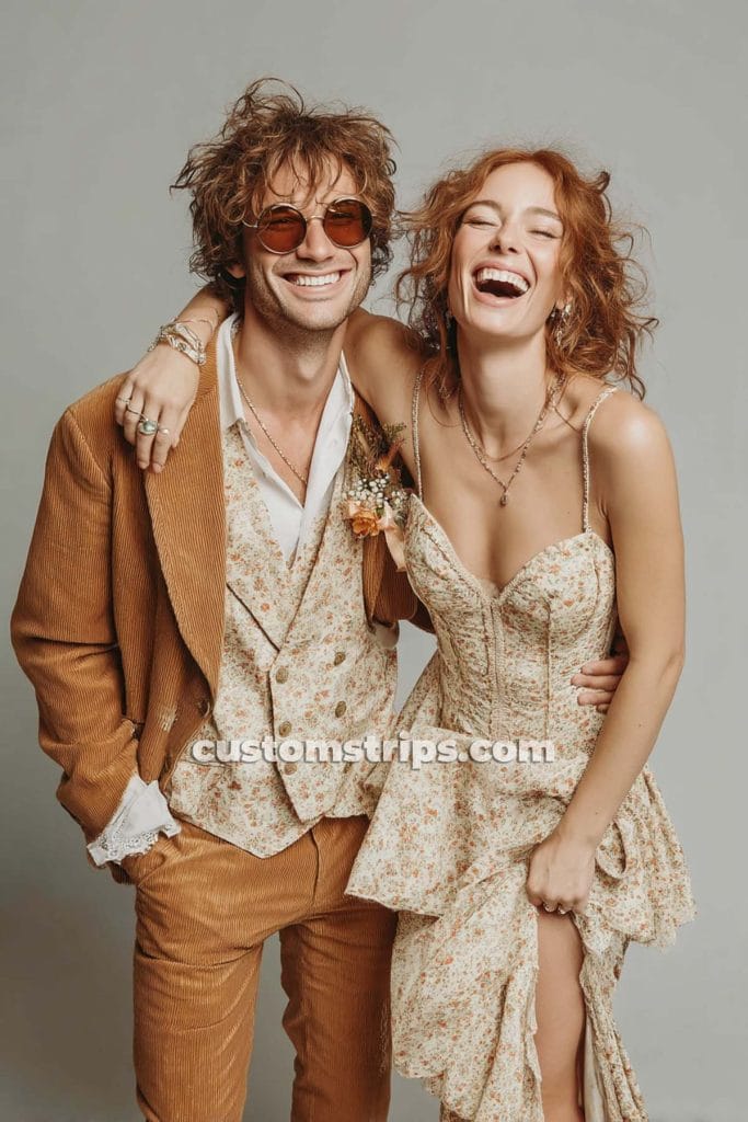Smiling couple in vintage floral attire