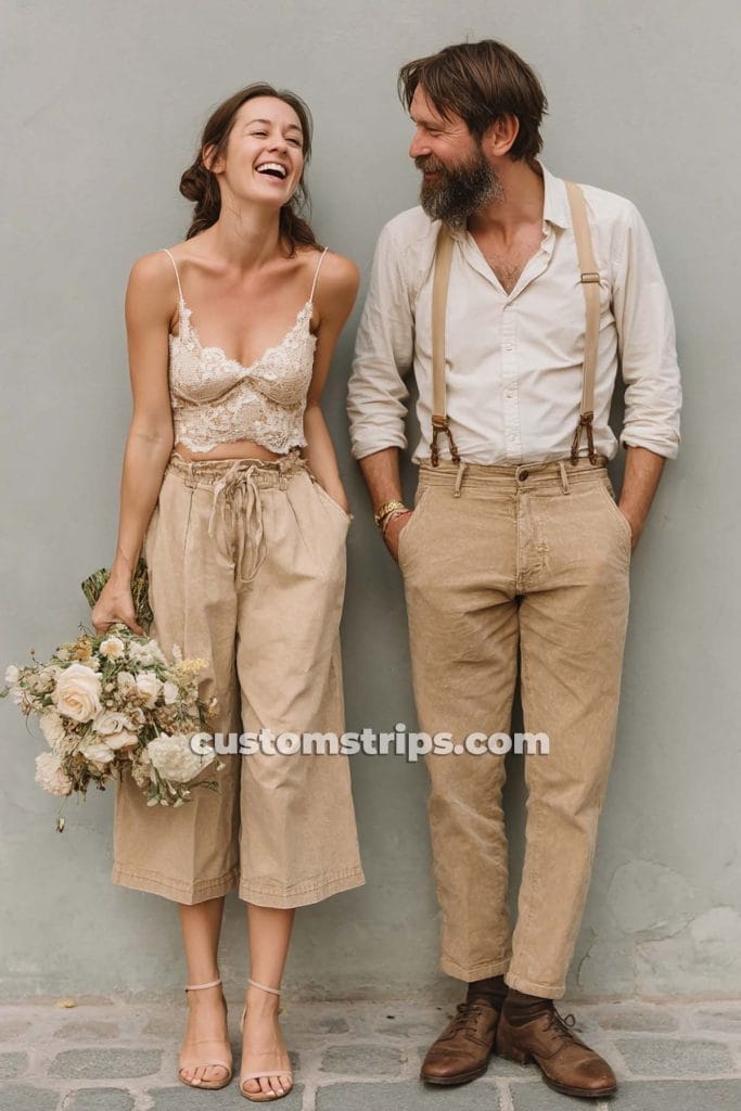Couple dressed in beige, holding bouquet, smiling.