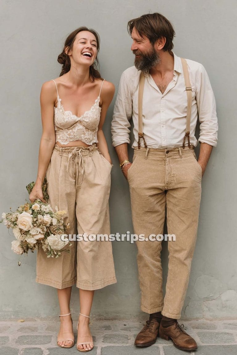 Couple dressed in beige, holding bouquet, smiling.