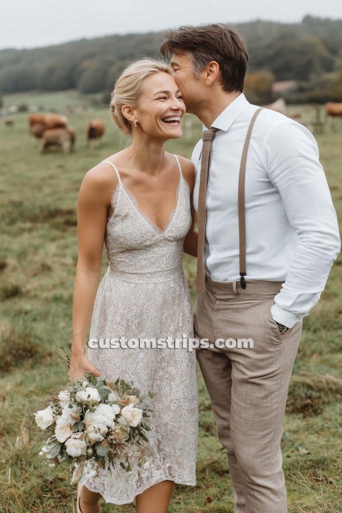Bride and groom laughing outdoors