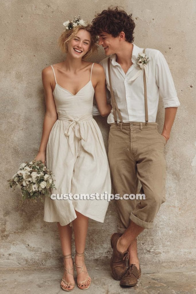 Couple in rustic wedding attire, bouquet in hand.