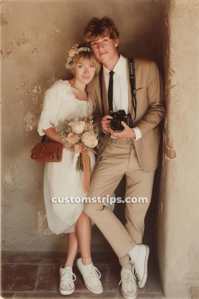 Couple posing with camera and flowers in vintage attire.