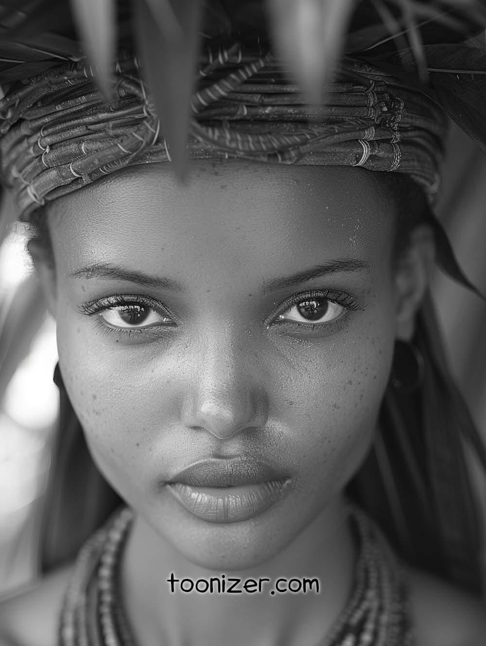 Portrait of a person with head wrap, close-up.