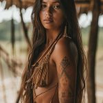 Woman with long hair and tribal tattoos.