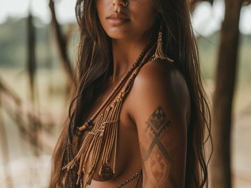 Woman with long hair and tribal tattoos.