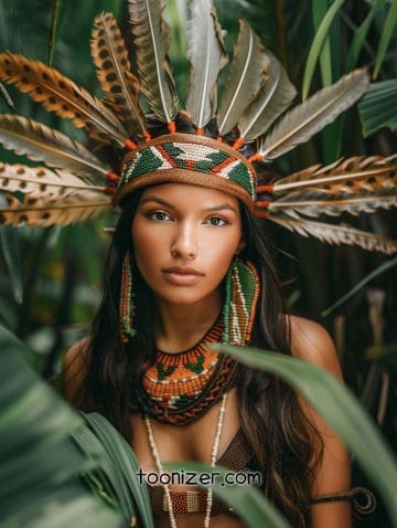Person wearing feather headdress and beaded jewelry in jungle.